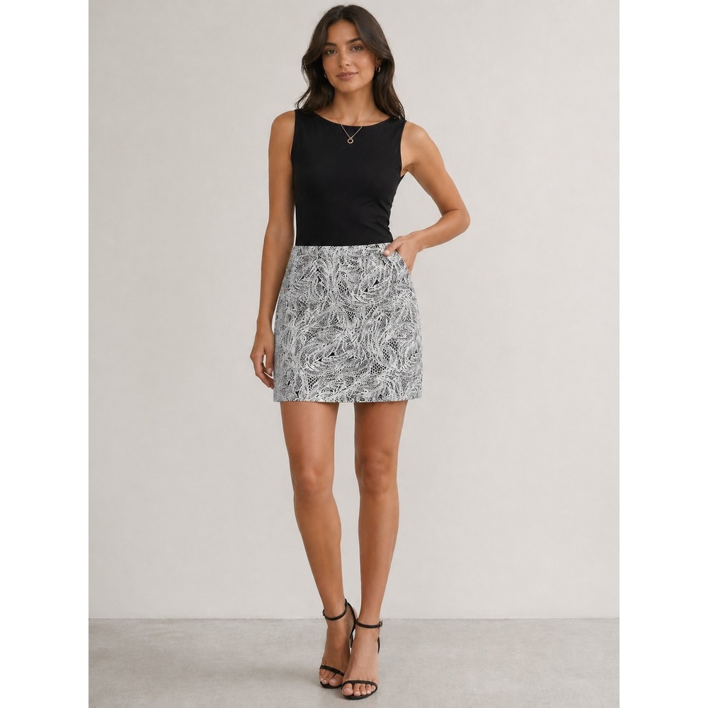 Club Monaco Mini Skirt Womens 6 Black White‎ Abstract Swirl Lace Print 00300861
